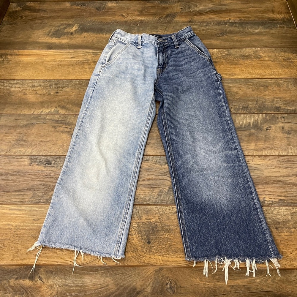 Aeropostale Two Tone Baggy Carpenter Jeans High Rise Raw Hem 0R Blue Colorblock